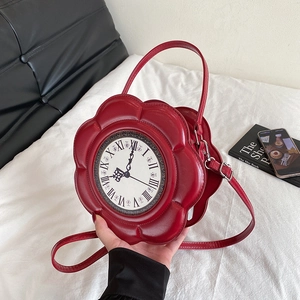Women Retro PU Leather Flower Shaped Handbag Fashion Clock Print Small Round Shoulder Bag Elegant Crossbody Purse Party Tote