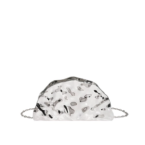 Silver mirror acrylic clutch bag with wave texture and chain strap for evening events