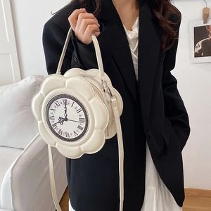 Unique flower-shaped white PU leather handbag with vintage clock dial and strap
