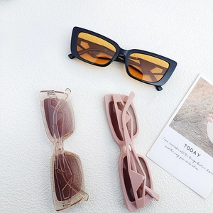 Retro small rectangle sunglasses with hollow temples in black, tea, and pink colors