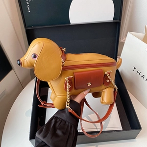 Dachshund Dog Shape Crossbody Bag PU Leather Creative Novelty Animal Handbag With Metal Chain Shoulder Strap For Women