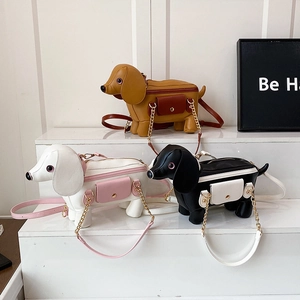 Cute dachshund puppy crossbody bag in three colors with gold chain and PU leather