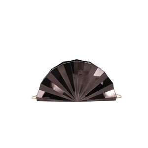 Modern fan-shaped evening clutch bag in dark grey metallic finish with gold chain strap