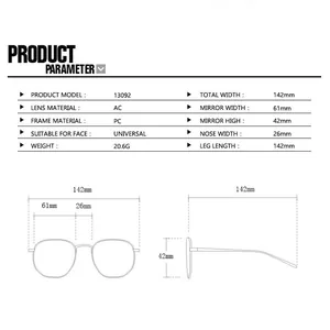 Detailed size chart for irregular sunglasses with frame width of 142mm and AC lens