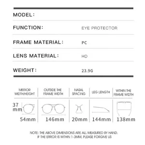 Size chart showing PC frame and HD lens dimensions for these cat-eye sunglasses