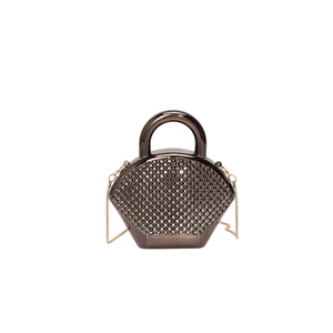 Mini borsa rotonda in acrilico con strass, manico in metallo e tracolla a catena