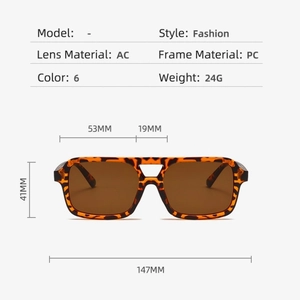 Detailed specs of leopard print sunglasses with AC lenses and PC frame dimensions