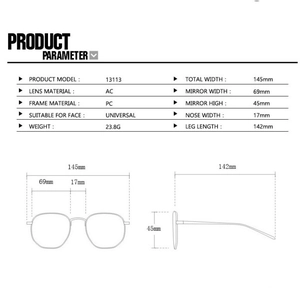 Detailed technical diagram showing 145mm frame width and 23.8g weight of cat eye sunglasses