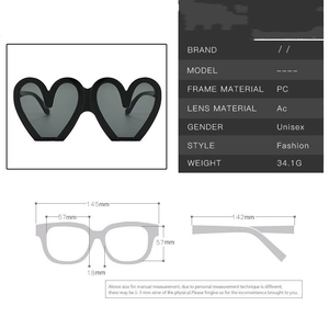 Spécifications détaillées et tableau des matériaux pour lunettes de fête en cœur