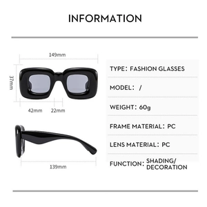 Detailed size chart for retro thick frame sunglasses with 149mm width and PC lens specs