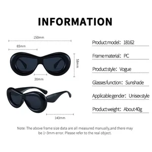 Detailed size chart for oversized PC sunglasses showing frame width and lens dimensions