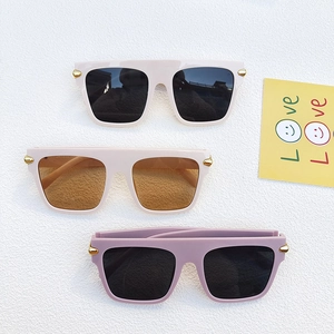 Classic large frame square sunglasses with metal rivets in white and lilac colors