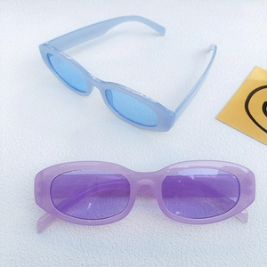 Retro oval candy-colored sunglasses in light blue and purple with a stylish plastic frame