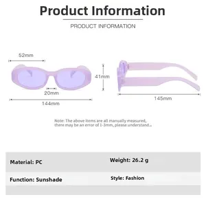 Detailed size chart for cat eye sunglasses with precise frame measurements and PC material