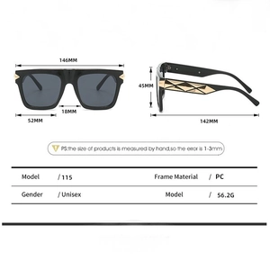 Detailed size chart and dimensions of the black square sunglasses with gold embossed hinges