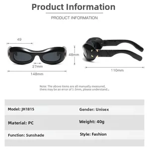 Detailed size chart for unisex sunglasses showing frame width and temple length in millimeters