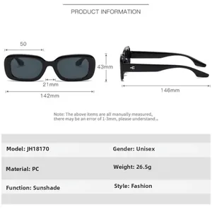 Detailed size chart for unisex rectangle sunglasses showing frame dimensions and specs