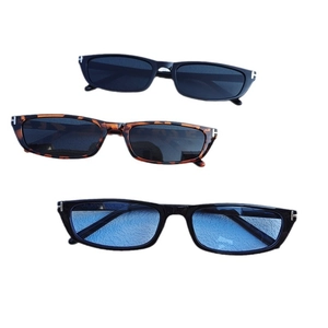 Three pairs of rectangular sunglasses with T-shaped metal hinges on a white background