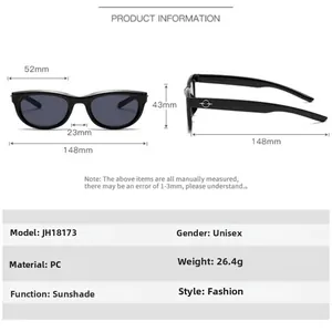 Detailed size chart for retro oval sunglasses showing dimensions and PC material specs