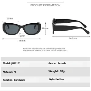 Detailed size chart for cat eye sunglasses with frame measurements and PC material specs