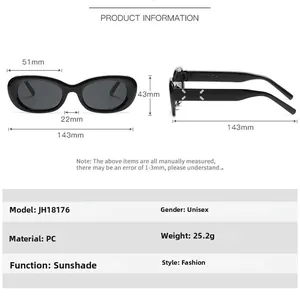 Detailed size chart for retro cat eye sunglasses showing PC frame dimensions and weight