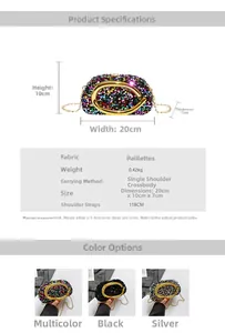 Detailed dimensions of sparkling sequin evening bag with 118cm metal chain strap