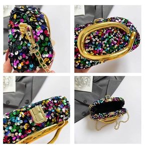 Detail shots of colorful sequin evening bag with gold metal ring handle and chain