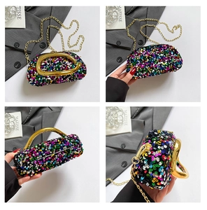 Detailed multi-angle views of colorful sequin evening bag with gold metal handle and chain