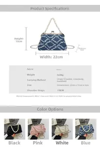 Detailed view of retro shell bag with pearl handle and chain showing 22x13x6cm dimensions