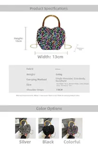 Macro detail of heart-shaped glitter bag with golden handle and metal chain strap