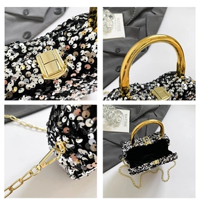 Detail view of sparkly sequin box bag showing golden metal handle and secure push-lock clasp