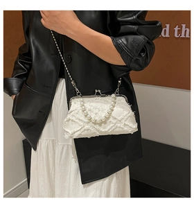 White canvas shell bag featuring pearl handle and silver chain strap shown on model