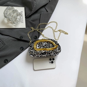 Chic silver sequin evening bag with gold U-shaped handle and chain strap for parties