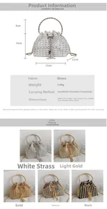 Detail view of rhinestone drawstring bucket bag showing size dimensions and structure