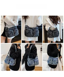 Détail des sacs bandoulière en denim avec poches fonctionnelles en gris et bleu