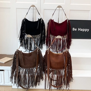 Boho τσάντες ώμου από σουέτ με μακριά κρόσσια σε τέσσερα vintage γήινα χρώματα