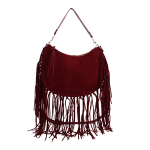 Retro burgunderrote Wildleder-Hobo-Tasche mit böhmischen Fransen und großem Schultergurt