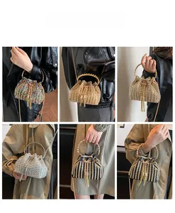 Collage of rhinestone bucket bags with metal ring handles and tassels on models
