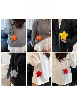 Collage of colorful star-shaped mini bags with chain straps in orange, yellow and red