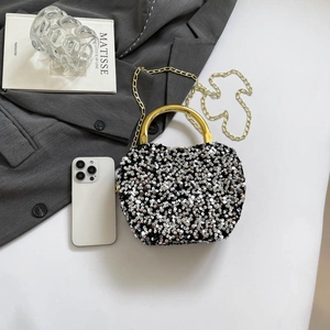 Glossy apple-shaped sequin evening bag with gold metal handle and chain strap