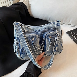 Sac À Épaule En Denim Lavé Rétro Avec Multi Poches Style Cargo Streetwear Sac Bandoulière Pour Femmes Décontracté Quotidien