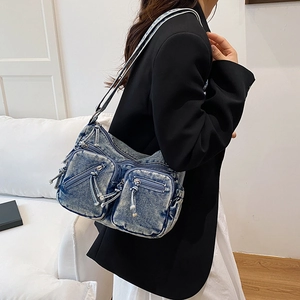 Sac messager en denim délavé de grande capacité style japonais pour femmes à poches