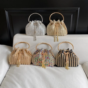 Rhinestone bucket evening bags with tassel drawstring and metal handles in five colors