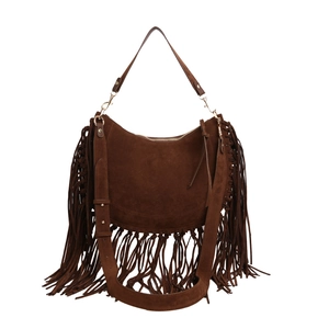Bohemian dark brown suede shoulder bag with long tassels and golden hardware details