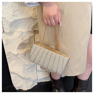 Detailansicht der Clutch mit Perlen, Strasssteinen, Goldkette und Ringverschluss