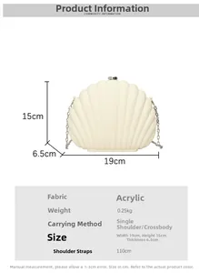 Shell-shaped acrylic evening bag dimensions 19cm by 15cm with a metal chain strap
