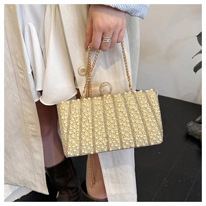 Detail der Abendtasche mit vertikaler Perlenbestickung und diamantbesetztem Ringverschluss