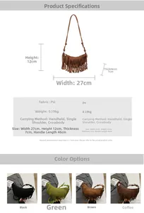 Detail showing crescent fringe bag dimensions of 27cm width and 12cm height on white background