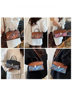 Detailed look at woven texture crossbody bags with metal clasp in various color combinations