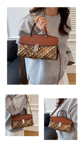 Détail du sac fourre-tout tissé en patchwork avec lanières en cuir et fermoir